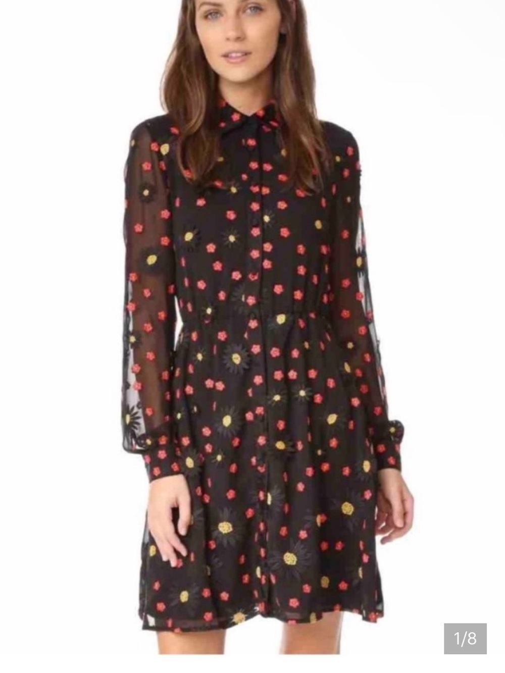 Alice + Olivia Enid Black Sheer Long-Sleeve Floral Embroidered Appliqué Size 6